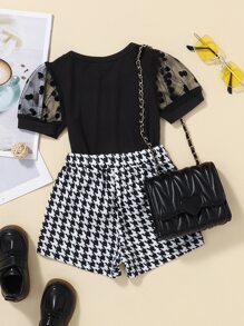 SHEIN Baby-mädchen Durchsichtige Dobby-mesh-ballonärmel-t-shirt & Hahnentritt-shorts
