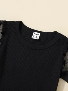 SHEIN Baby-mädchen Durchsichtige Dobby-mesh-ballonärmel-t-shirt & Hahnentritt-shorts