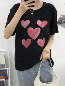 Kaos dengan Motif Hati dan Bahu Longgar - Hitam - View 3