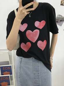 Kaos dengan Motif Hati dan Bahu Longgar - Hitam - View 4