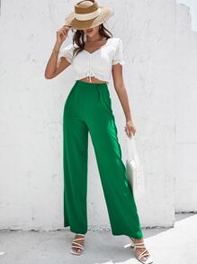 SHEIN VCAY High Waist Straight Leg Trousers - Green - View 1