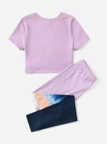 SHEIN 女孩扭結下擺T恤和紮染緊身打底褲