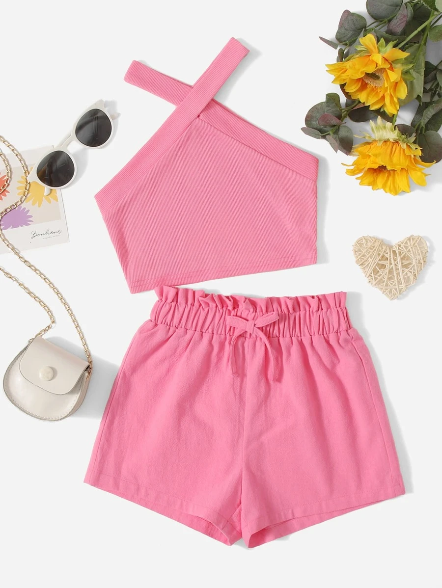 SHEIN 女孩交叉掛脖上衣和紙袋腰前打結短褲 - 粉色 - 查看 1