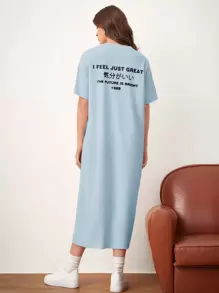 Mulvari Japanese Letter Graphic Drop Shoulder Tee Dress - Baby Blue - View 1