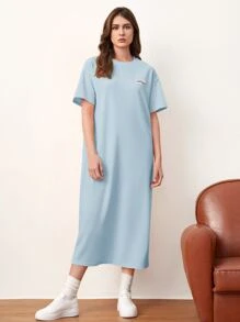 Mulvari Japanese Letter Graphic Drop Shoulder Tee Dress - Baby Blue - View 2