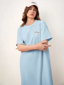 Mulvari Japanese Letter Graphic Drop Shoulder Tee Dress - Baby Blue - View 4