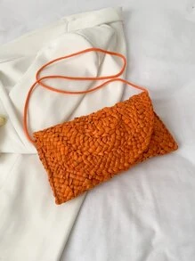 極簡風格翻蓋草編包 - 橘色 - 查看 1