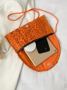 極簡風格翻蓋草編包 - 橘色 - 查看 3