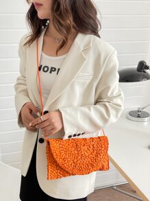 極簡風格翻蓋草編包 - 橘色 - 查看 4