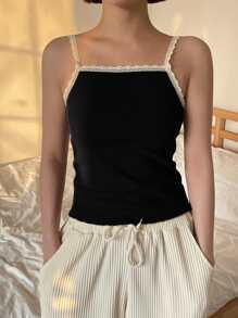 DAZY Contrast Lace Rib Knit Cami Top - Black - View 3