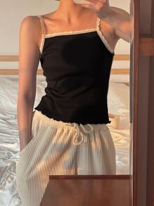 DAZY Contrast Lace Rib Knit Cami Top - Black - View 5
