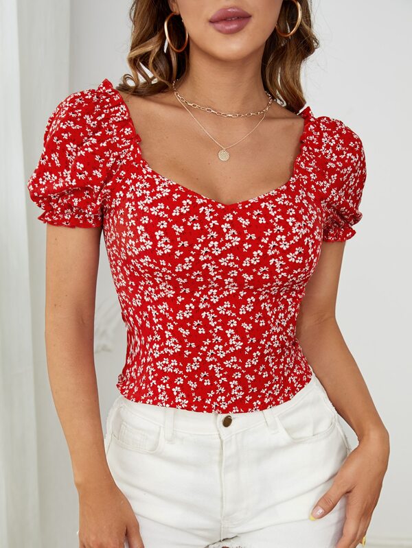 Soleia Ditsy Floral Sweetheart Neck Frilled Puff Sleeve Blouse
