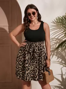 SHEIN LUNE Plus Leopard Scoop Neck Belted Dress - Multicolor - View 1