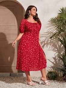 SHEIN VCAY 大碼小碎花前繫帶打褶下擺開叉女僕連衣裙 - 紅色 - 查看 5