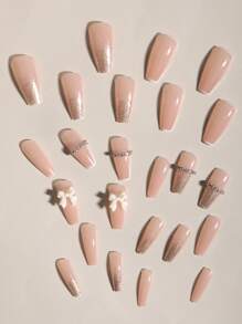 Transform Your Nails With 24pcs Long Coffin Glitter Rhinestone 3D Bow Decor Fake Nail & 1pc Nail File & 1sheet Tape Press On Nails Nail Supplies - Clear - View 5