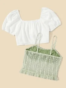 ROMWE Bộ đồ hai mảnh nữ viền lá sen Xù Nếp gấp Phần Ngực Khối Màu Boho - Nhiều màu - Xem 2