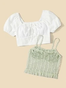 ROMWE Bộ đồ hai mảnh nữ viền lá sen Xù Nếp gấp Phần Ngực Khối Màu Boho - Nhiều màu - Xem 3