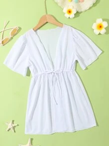 女孩腰部抽繩和服罩衫 - 白色 - 查看 1