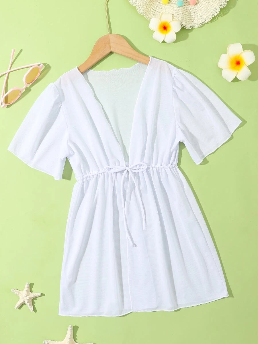 女孩腰部抽繩和服罩衫 - 白色 - 查看 1