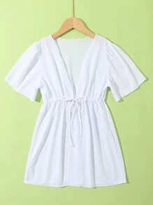 女孩腰部抽繩和服罩衫 - 白色 - 查看 3