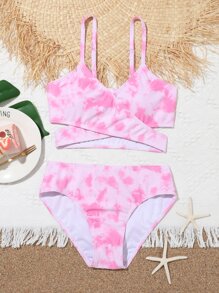 Conjunto de bikini envolvente con teñido anudado al azar para playa de verano para niña preadolescente - Rosa - Ver 1