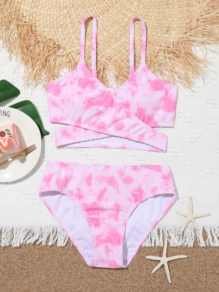 Conjunto de bikini envolvente con teñido anudado al azar para playa de verano para niña preadolescente - Rosa - Ver 1