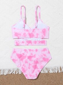Conjunto de bikini envolvente con teñido anudado al azar para playa de verano para niña preadolescente - Rosa - Ver 2