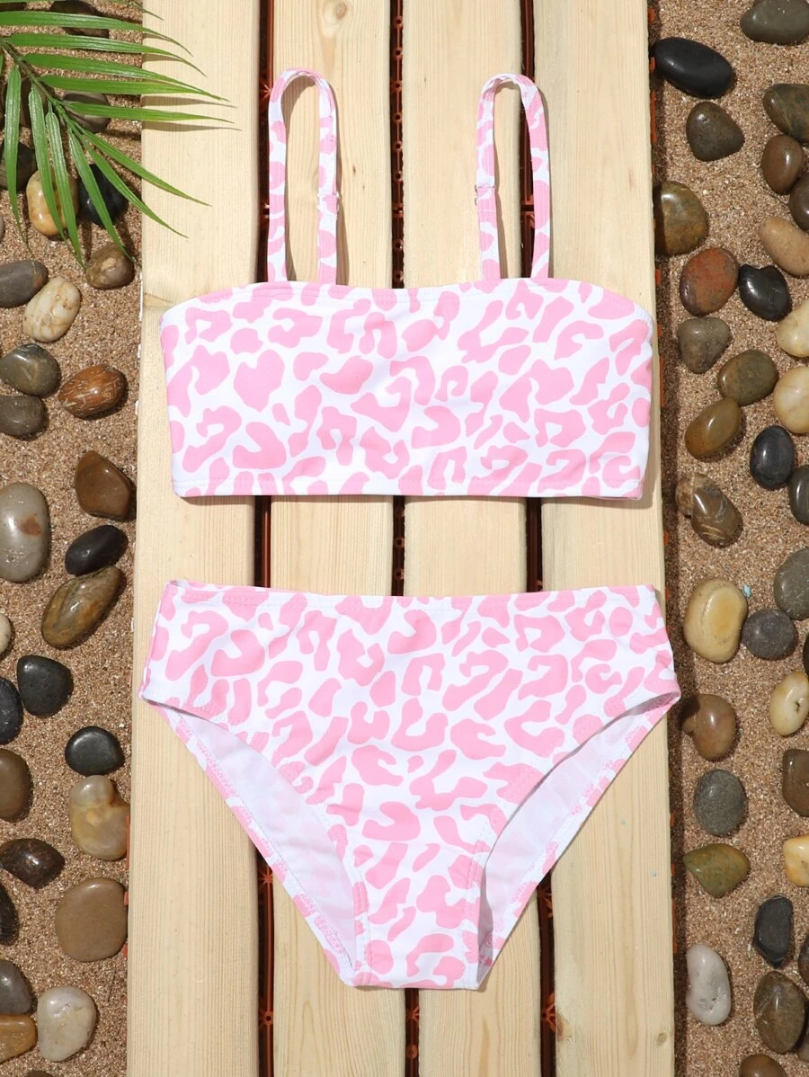 Tween Girl Leopard Print Bikini Set Summer Beach - Pink - View 1
