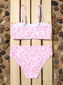 Tween Girl Leopard Print Bikini Set Summer Beach - Pink - View 2