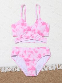Conjunto de bikini envolvente con teñido anudado al azar para playa de verano para niña preadolescente - Rosa - Ver 4