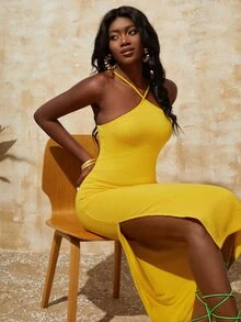 Solid Split Thigh Cami Dress - Yellow - View 4