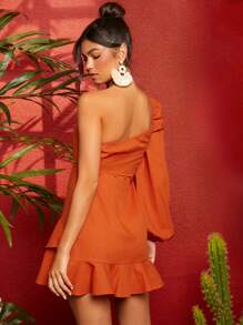 SHEIN VCAY One Shoulder Ruffle Hem Wrap Dress - Burnt Orange - View 2