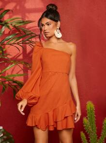 SHEIN VCAY One Shoulder Ruffle Hem Wrap Dress - Burnt Orange - View 5