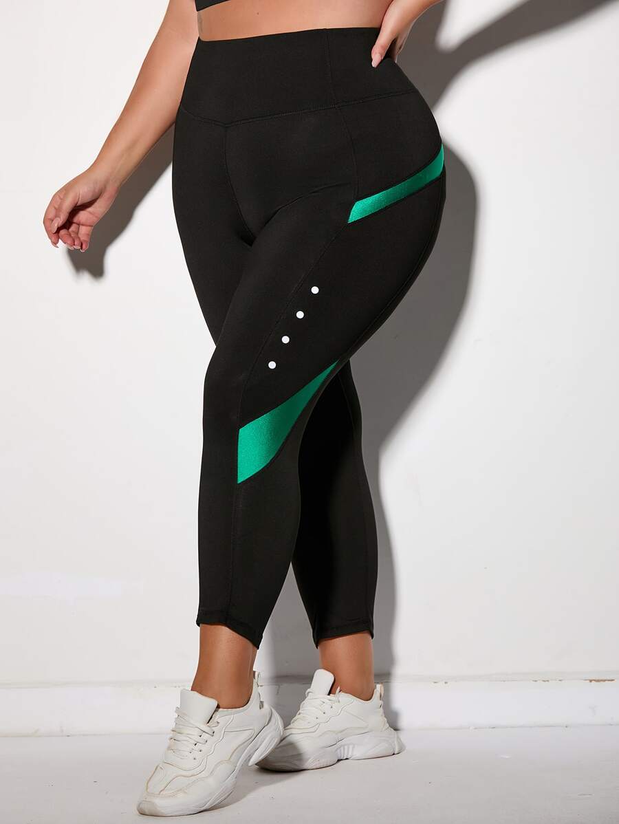 Yoga Basic Plus Four-Way Stretch Colourblock Wide Waistband Sports Leggings - Black - View 1