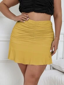 SHEIN Holidaya Plus Ruched Ruffle Hem Skirt
