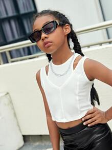 SHEIN Girls Cut Out Crop Tank Top - White - View 1