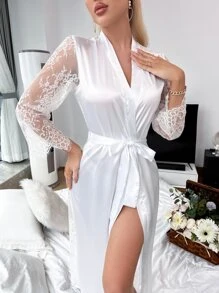 Bata de dormir de satén con cinturón con encaje en contraste - Blanco - Ver 4