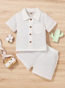 Baby Boy Pocket Patched Top & Shorts - White - View 1