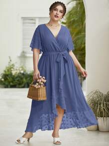 Modelyn Plus Contrast Swiss Dot Mesh Belted Wrap Dress - Dusty Blue - View 1