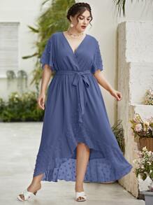 Modelyn Plus Contrast Swiss Dot Mesh Belted Wrap Dress - Dusty Blue - View 4