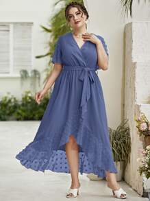 Modelyn Plus Contrast Swiss Dot Mesh Belted Wrap Dress - Dusty Blue - View 5