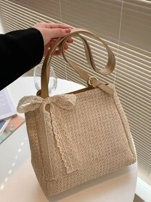 Bolsa de mimbre con diseño de pañuelo - Caqui - Ver 1