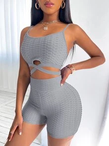 Criss-cross Textured Cami Top & Cycling Shorts - Grey - View 3