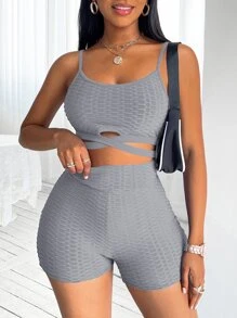 Criss-cross Textured Cami Top & Cycling Shorts - Grey - View 5