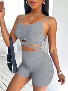 Criss-cross Textured Cami Top & Cycling Shorts - Grey - View 6