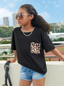SHEIN Girls Contrast Leopard Pocket Crisscross Back Drop Shoulder Tee - Black - View 2