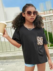 SHEIN Girls Contrast Leopard Pocket Crisscross Back Drop Shoulder Tee - Black - View 3