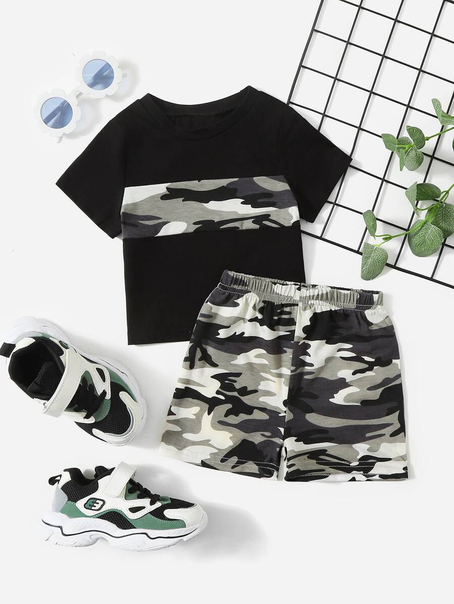 SHEIN Đứa bé trai Camo In Áo thun & Quần short thể thao - Nhiều màu - Xem 1