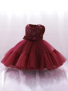 小女童貼花前蝴蝶結網紗邊派對禮服 - 酒紅色 - 查看 3
