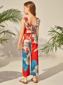 SHEIN Girls 1pc Tropical Print Zipper Back Ruffle Trim Top With 1pc Belted Trousers - Multicolor - View 2